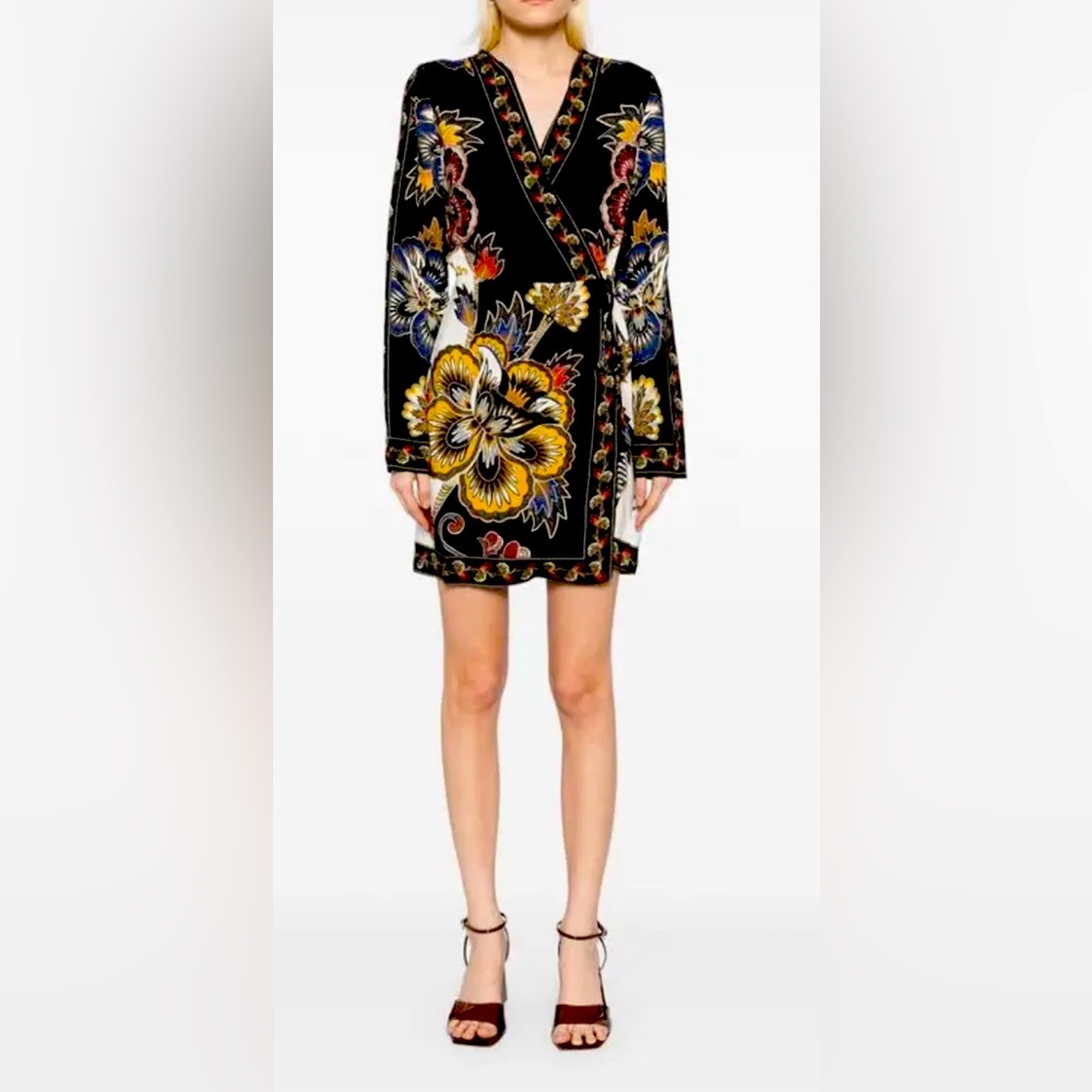 FARM RIO Maxi Floral Mini Dress In Black/Gold NWOT